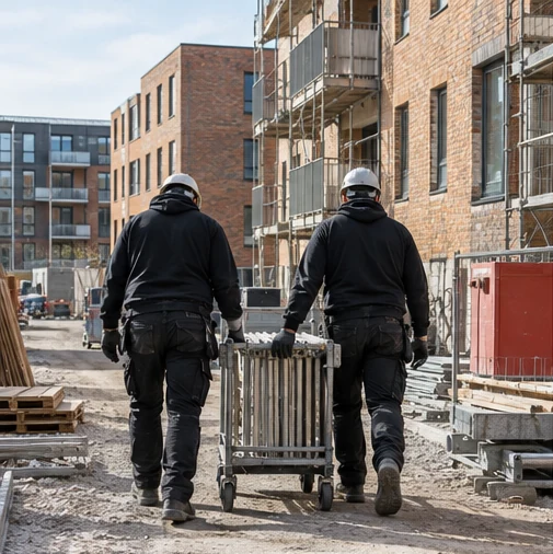 AI-illustration: to medarbejdere set bagfra med en materialevogn ved en nordisk byggeplads