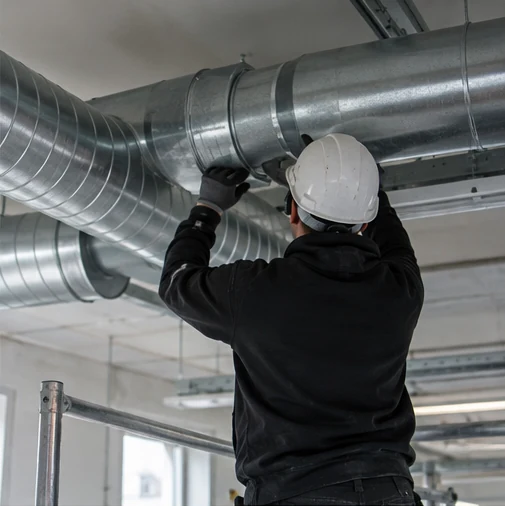 AI-illustration: montør set bagfra ved galvaniserede ventilationskanaler