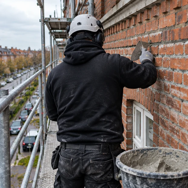 AI-illustration: Omfugning af en rød teglfacade fra stillads