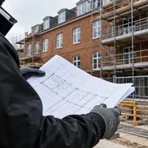 AI-illustration: Gennemgang af tegninger foran et dansk hus under renovering